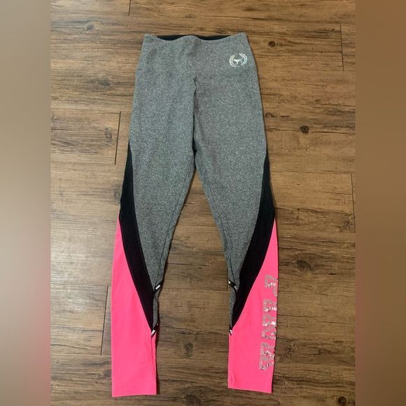 PINK VS COLORBLOCK NEON CAMPUS CROSSOVER HOODIE / BLING LEGGINGS OUTFIT S - Picture 10 of 13